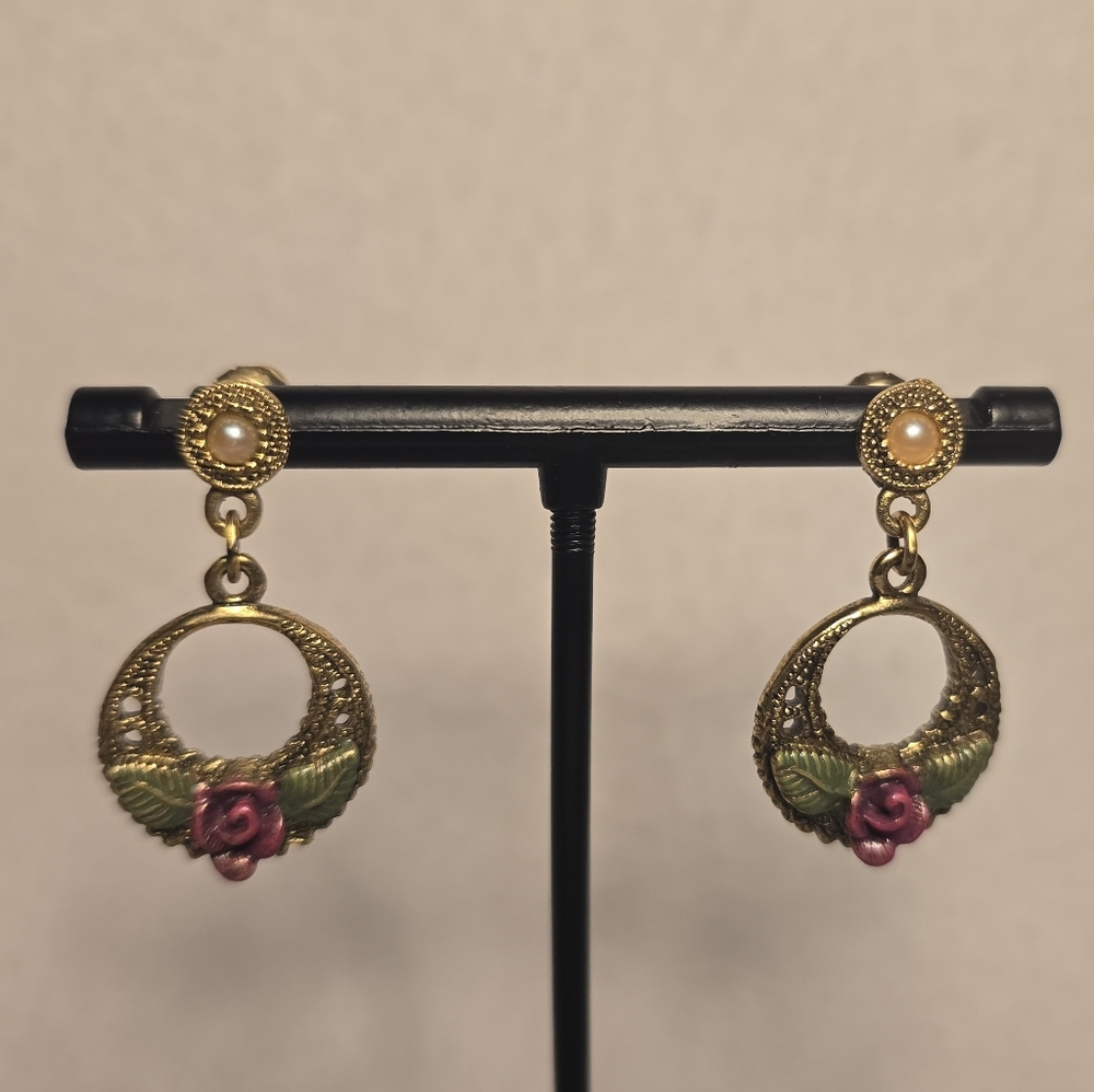 1928 Gold and Pink Floral Drop Earrings